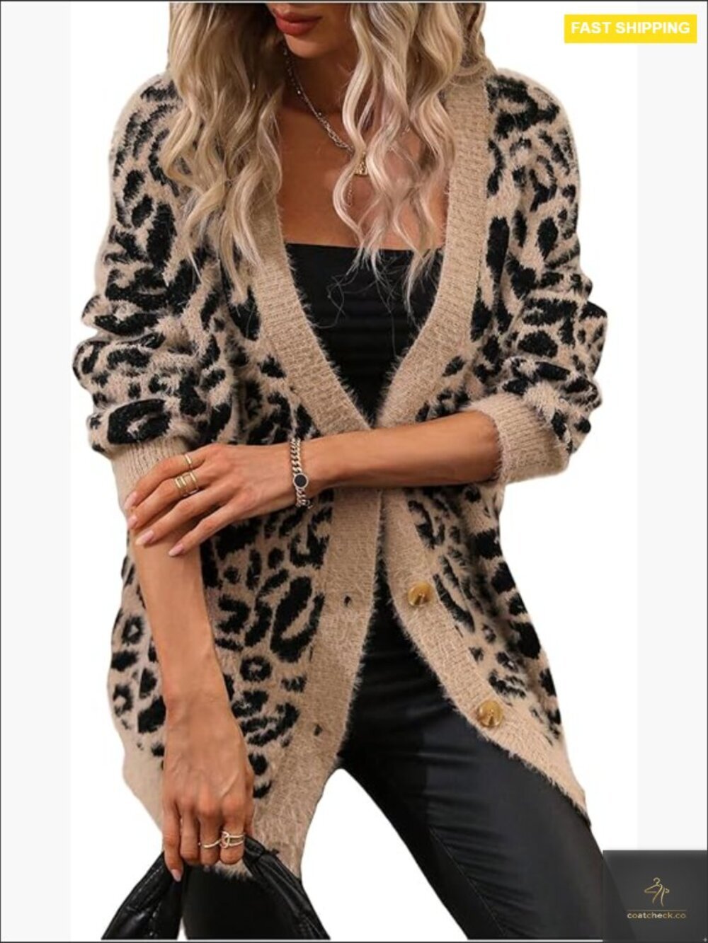 Leopard Print Fuzzy Cardigan Button Down V Neck Long Sleeve Oversized